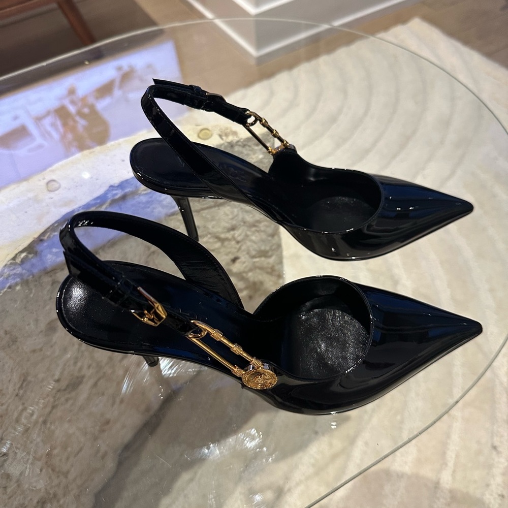Versace Slingback Pumps Safety Pin Gold Medusa Brand New Original Box and tags
